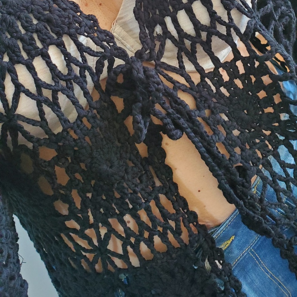 REORDER UPON REQUEST Black crochet fringe kimono - Picture 5 of 8